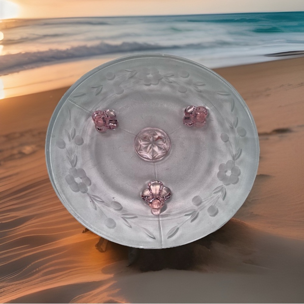 Norwood 3 Footed Etched Pink Depression Glass 8” Round Floral Candy Dish